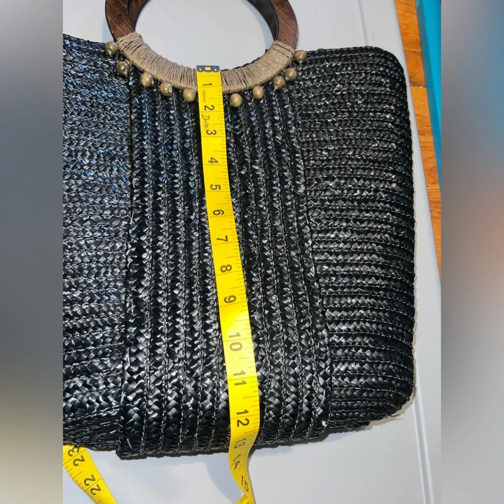 Black Woven Tote Bag with Wooden Handles - Picture 6 of 10